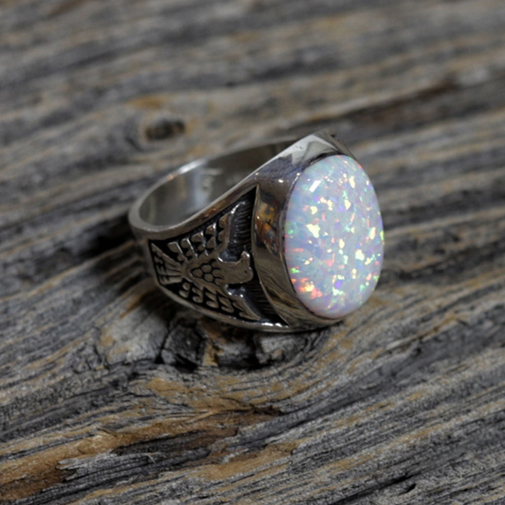 3 Stone Ring with Opal & Diamonds in 10kt Yellow Gold